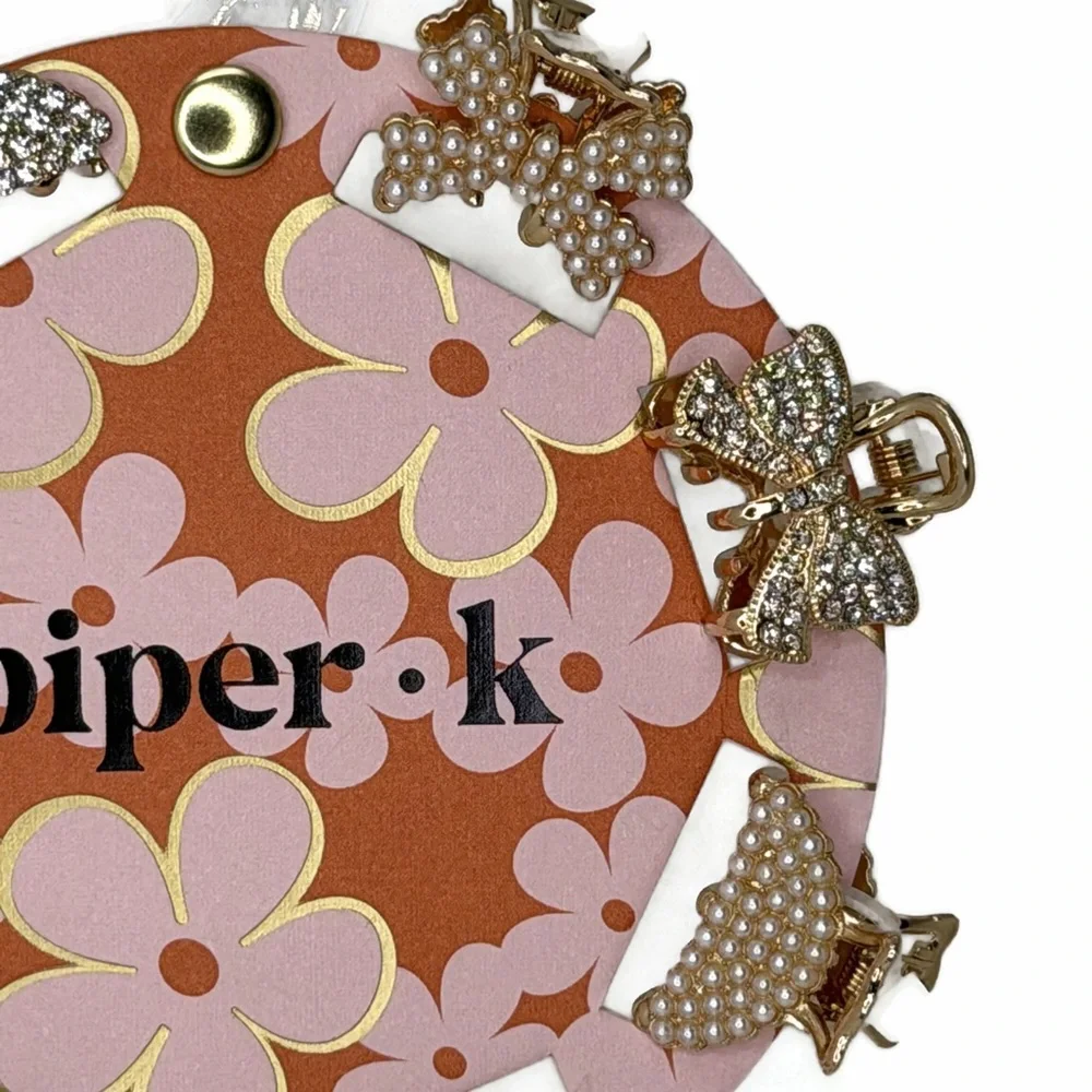 Piper K Gold Tone faux Pearl Silver Rhinestones Mini Hair Claw Clips Set of 8